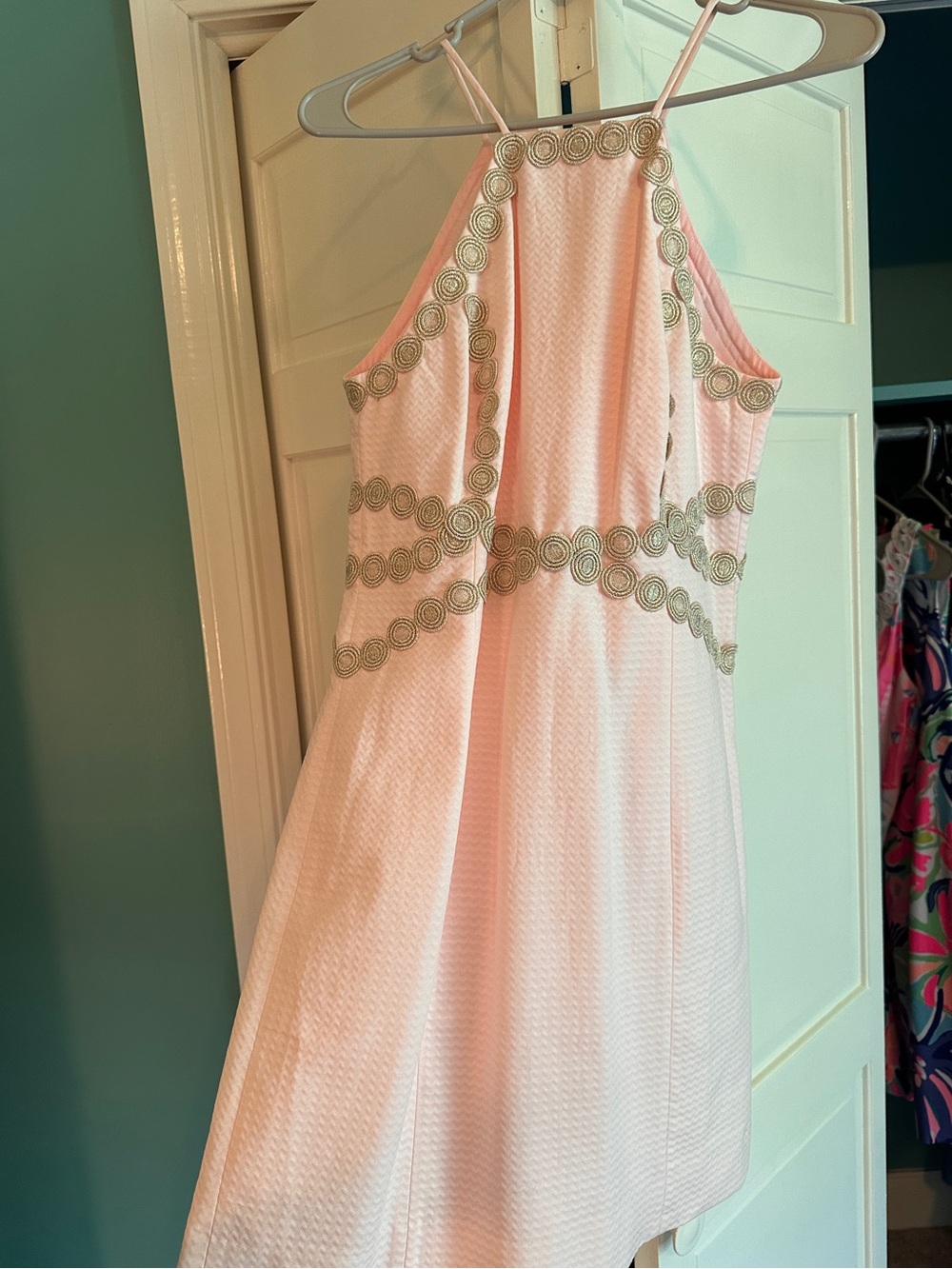 Lilly Pulitzer Pink Halter Dress with Gold Swirl Trim